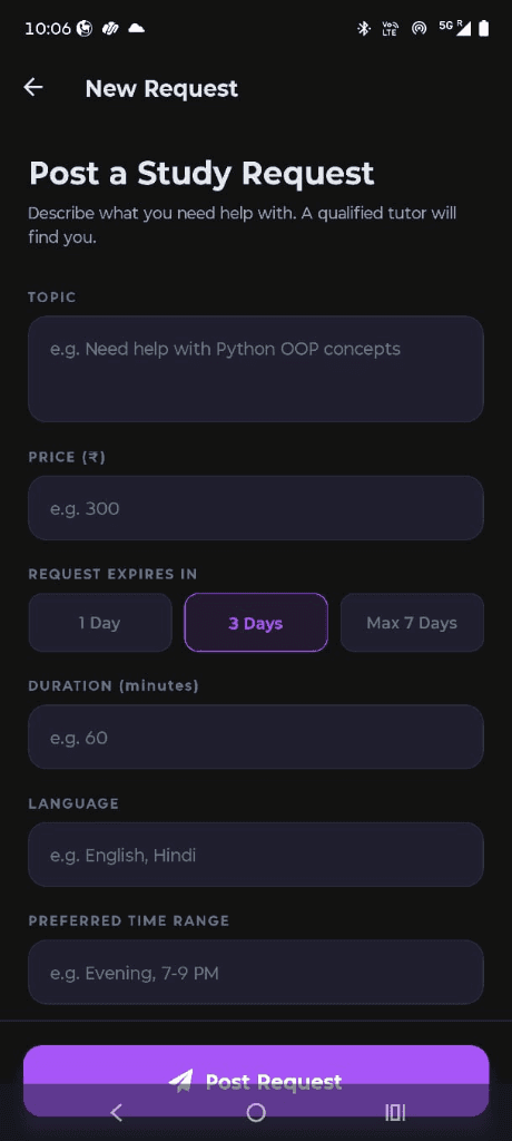 Studylancer Request Flow screen with form fields